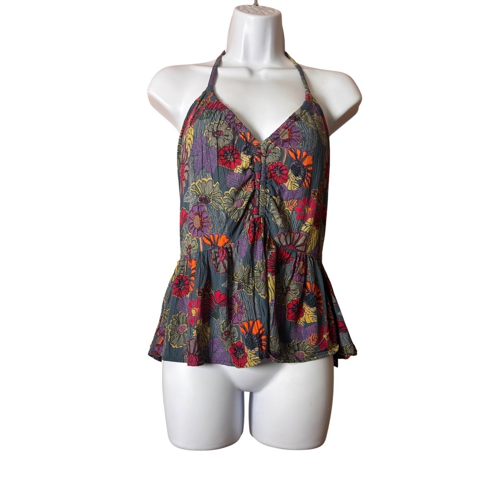 Angie‎ Womens Halter Top Size M Multi Color Floral Smocked Peplum Boho Festival